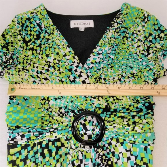 STUDIO1 Dress Women Green Multi Color Short Sleeve V-Neck Waist Detail Size 8 - Picture 7 of 8